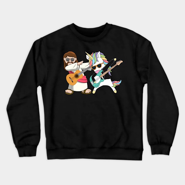 Guitar Jesus With Unicorn Dabbing Crewneck Sweatshirt by Hensen V parkes